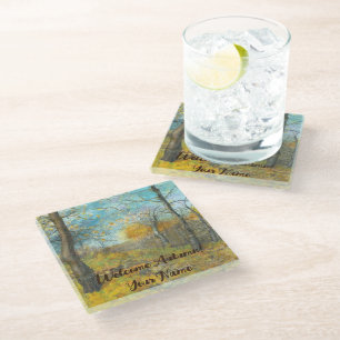 Autumn golden in an oak grove watercolor glass coaster