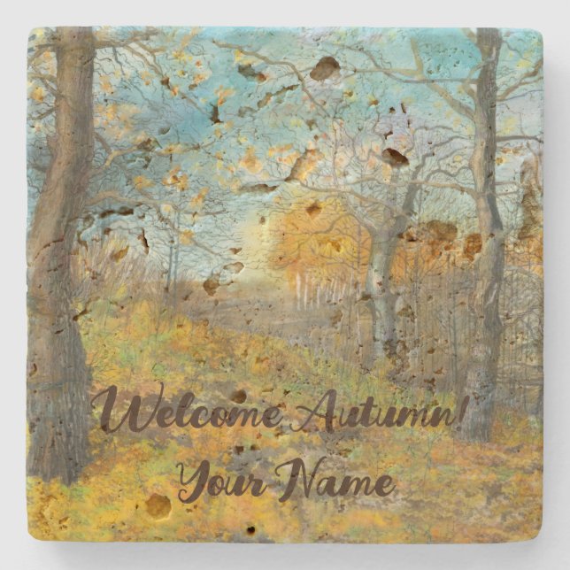Autumn golden in an oak grove watercolor stone coaster (Front)