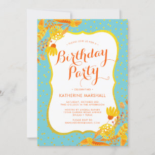 Autumn Golden Twigs Aqua Birthday Invitation
