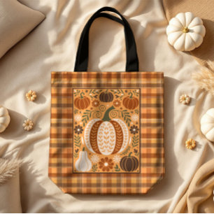Autumn Gourds Folk Art on Brown Plaid Tote Bag