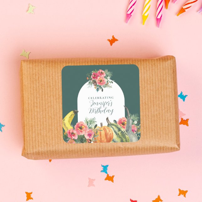 Autumn Green Pumpkins Pink Floral Birthday Party Square Sticker (Creator Uploaded)