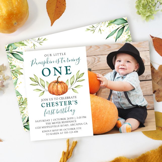 Autumn Greenery Little Pumpkin 1st Birthday Photo Invitation (Creator Uploaded)