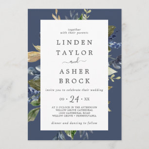 Autumn Greenery Navy Bold Names Wedding Invitation