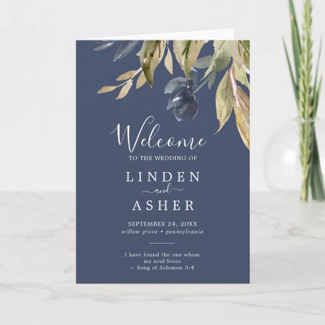 Autumn Greenery | Navy Folded Wedding Programme (Front)