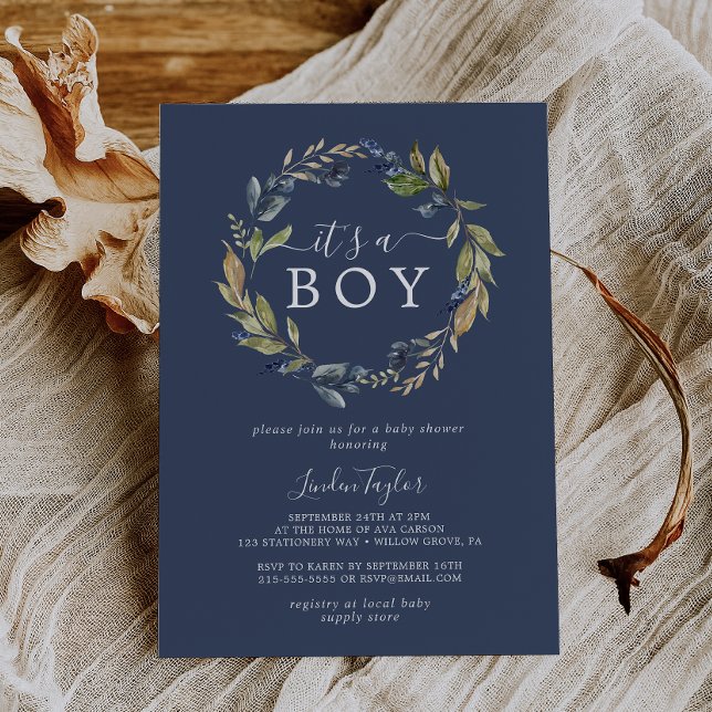 Autumn Greenery | Navy It's A Boy Baby Shower Invitation (Creator Uploaded)