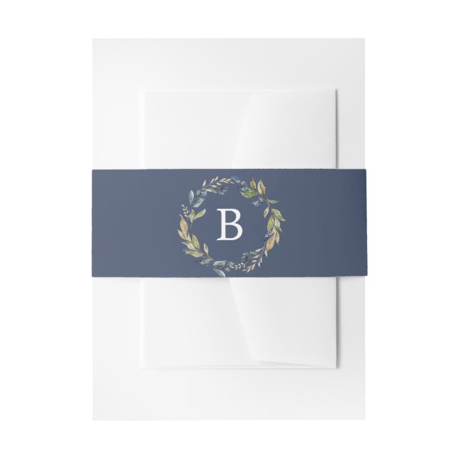 Autumn Greenery | Navy Monogram Wedding Invitation Belly Band (Front Example)