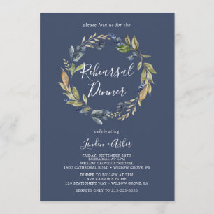 Autumn Greenery Navy Wreath Rehearsal Dinner Invitation
