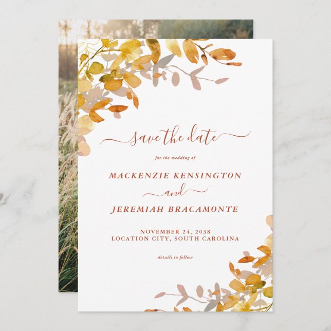 Autumn Greenery Wedding Photo Save the Date (Front/Back)