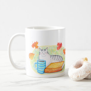 Autumn Grey Cat with Book and Coffee Cat Lover Coffee Mug