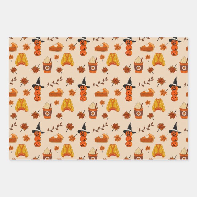 Autumn & Halloween Cosy Pattern Wrapping Paper Sheet (Front)