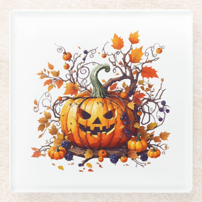 autumn Halloween funny pumpkin Glass Coaster (Front)