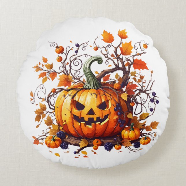 autumn Halloween funny pumpkin Round Cushion (Front)