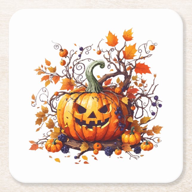 autumn Halloween funny pumpkin Square Paper Coaster (Front)