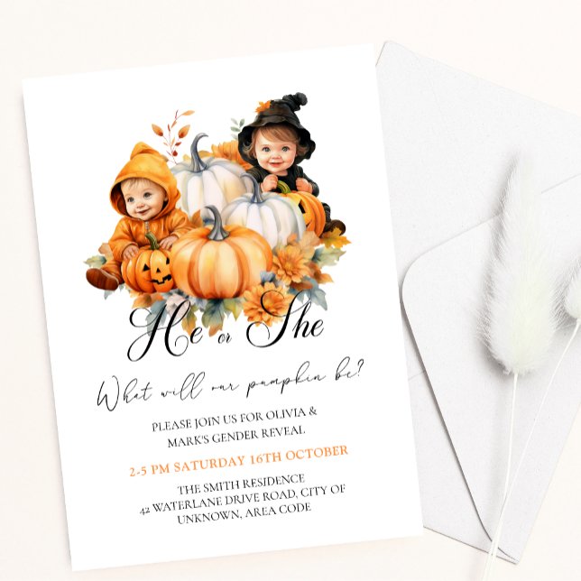 Autumn Halloween Pumpkin Baby Gender Reveal Invitation (Creator Uploaded)