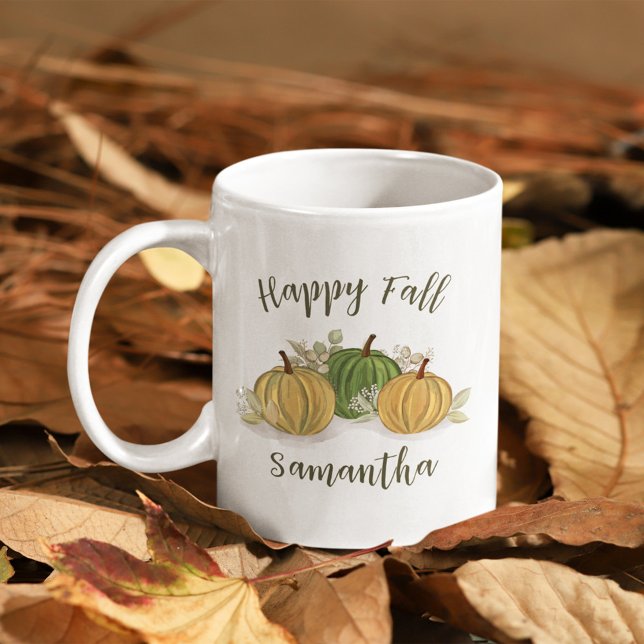 Autumn Happy Fall Watercolor Personalised Coffee Mug (Fall autumn pumpkin gourds personalized throw pillow. )