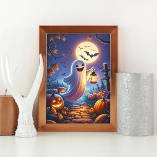 Autumn Happy Ghost with Lantern in Pumpkin Patch Poster