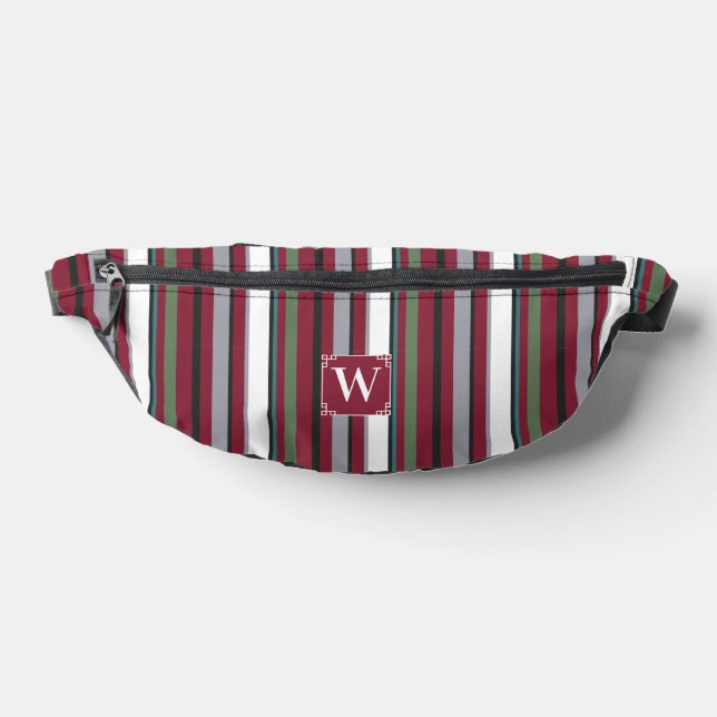 Autumn Harmony Stripes – Burgundy, Green, and Grey Bum Bags (Lay Down)