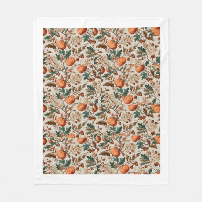 Autumn Harvest Botanical Pattern – Pumpkins, Maple Fleece Blanket (Front)