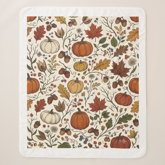  Autumn Harvest Botanical Pattern – Pumpkins,  Sherpa Blanket (Front)