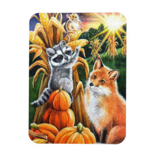 Autumn Harvest Corn Red Fox Racoon Watercolor Art Magnet