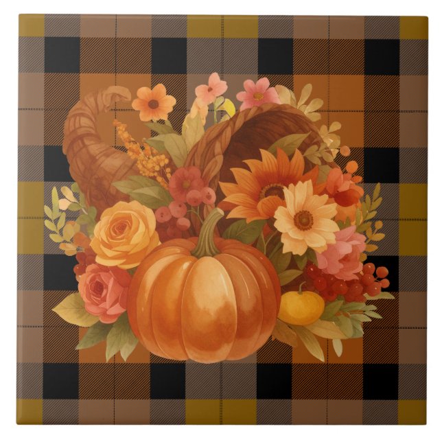 Autumn Harvest Cornucopia On Plaid  Tile (Front)