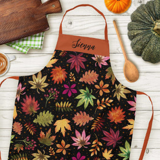 Autumn Harvest Fall Leaves and Foliage Black Name Apron