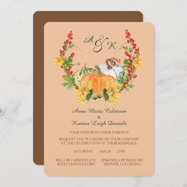 Autumn Harvest Floral Wreath Monogram Wedding Invitation (Front/Back)