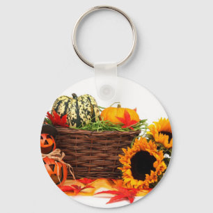 Autumn Harvest Halloween Pumpkins Fall Sunflowers Key Ring