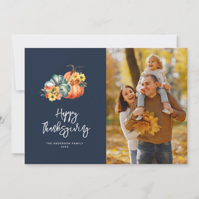 autumn harvest navy blue happy thanksgiving photo holiday card (Front)
