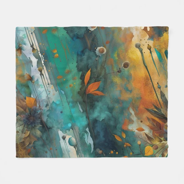 Autumn harvest paint Teal Rust Gold Abstract Fleece Blanket (Front (Horizontal))