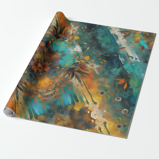 Autumn harvest paint Teal Rust Gold Abstract Wrapping Paper (Unrolled)