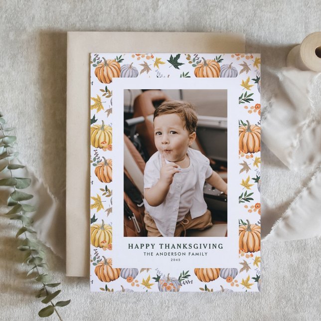 Autumn Harvest Pumpkin Happy Thanksgiving Photo Holiday Card (Personalized Photo Thanksgiving Card with Pumpkins in Orange, Yellow & Grey | Fall Greeting Card)