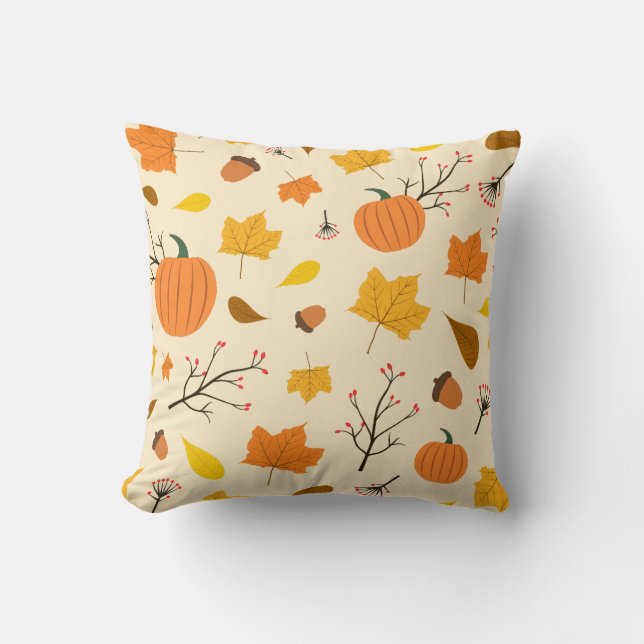 Autumn Harvest Pumpkin with Maple Leaf Pattern Cushion (Front)