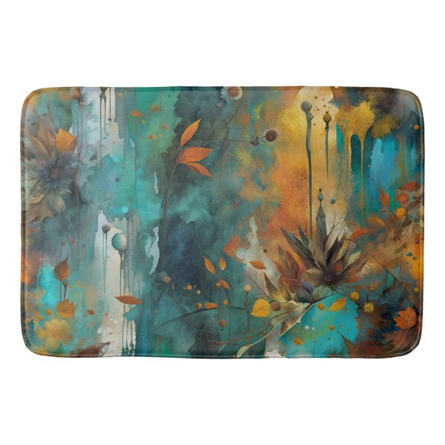 Autumn Harvest Teal Rust Gold Abstract Bath Mat (Front)