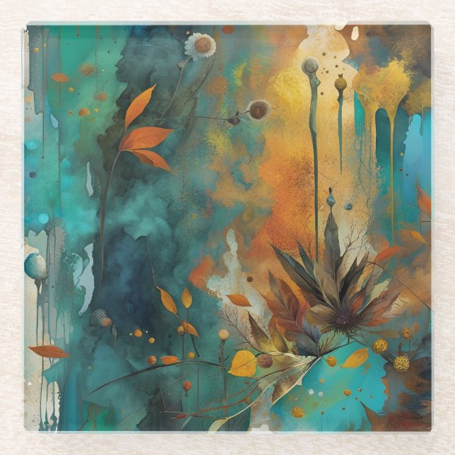 Autumn Harvest Teal Rust Gold Abstract Glass Coaster (Front)