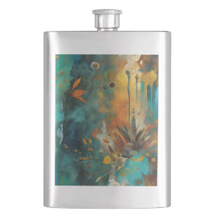 Autumn Harvest Teal Rust Gold Abstract Hip Flask