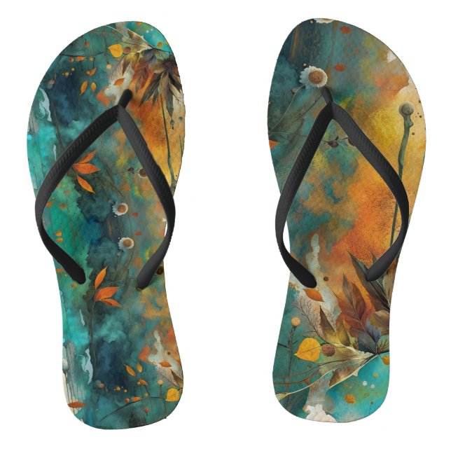 Autumn Harvest Teal Rust Gold Abstract Jandals (Footbed)