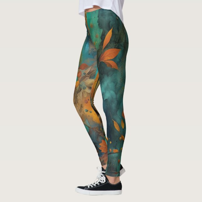 Autumn Harvest Teal Rust Gold Abstract Leggings (Left)