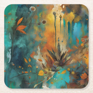 Autumn Harvest Teal Rust Gold Abstract Square Paper Coaster