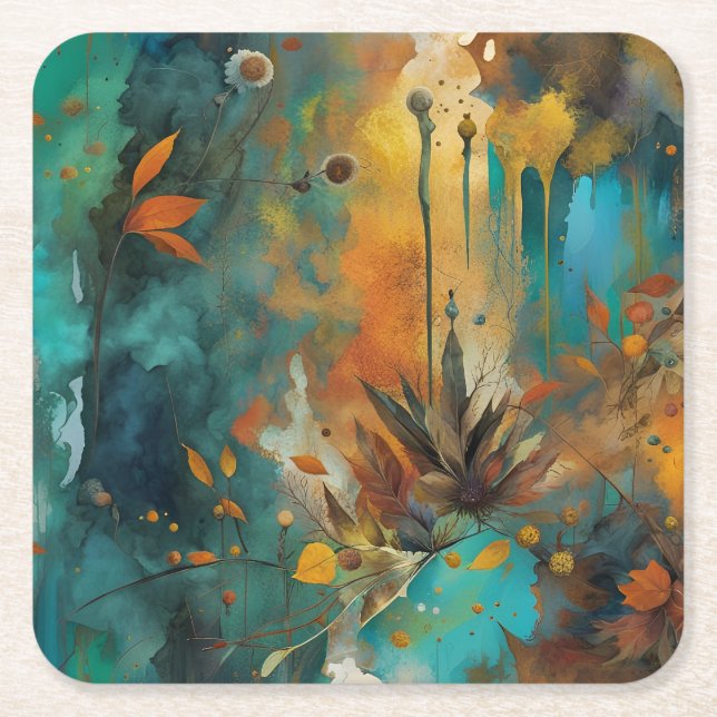 Autumn Harvest Teal Rust Gold Abstract Square Paper Coaster (Front)