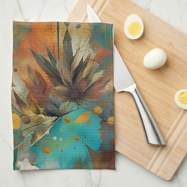 Autumn Harvest Teal Rust Gold Abstract Tea Towel (Quarter Fold)