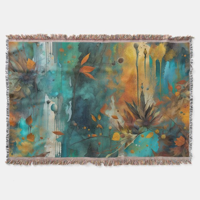 Autumn Harvest Teal Rust Gold Abstract Throw Blanket (Front)