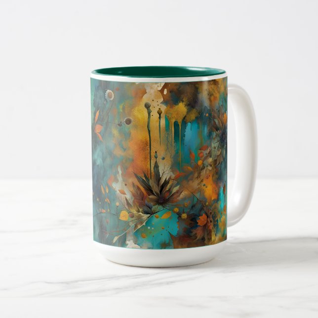 Autumn Harvest Teal Rust Gold Abstract Two-Tone Coffee Mug (Front Right)