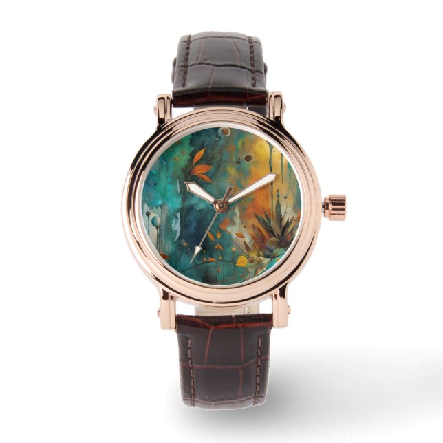 Autumn Harvest Teal Rust Gold Abstract Watch (Front)