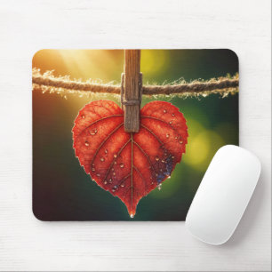 Autumn Heart Leaf On Clothesline Mouse Pad