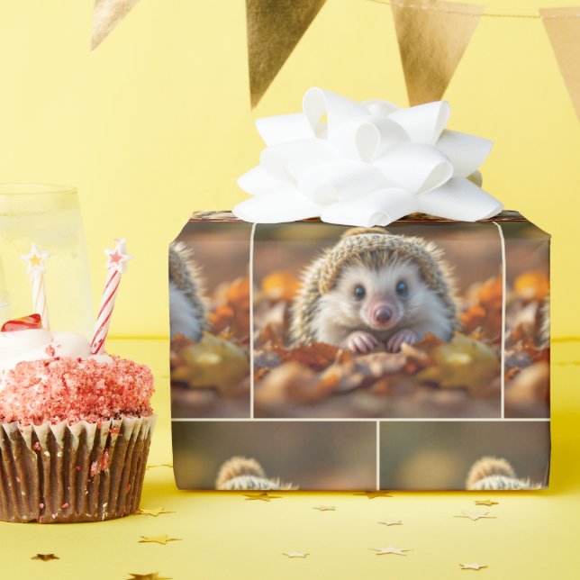 Autumn Hedgehog With Knitted Cap Wrapping Paper (Birthday Party)