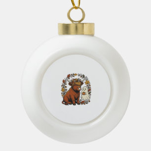 Autumn Highland Cow Ghost Vintage Engraving Shirt  Ceramic Ball Christmas Ornament