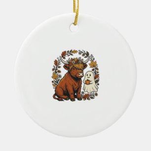 Autumn Highland Cow Ghost Vintage Engraving Shirt  Ceramic Tree Decoration
