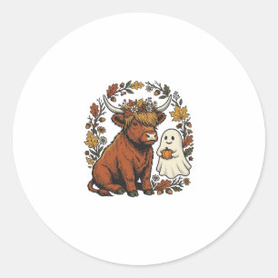 Autumn Highland Cow Ghost Vintage Engraving Shirt Classic Round Sticker