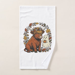 Autumn Highland Cow Ghost Vintage Engraving Shirt Hand Towel
